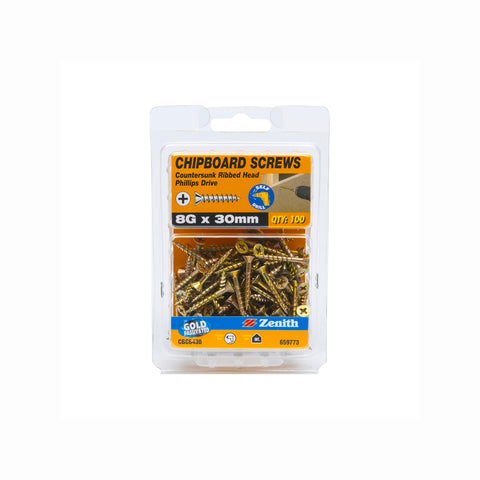 Zenith 8G x 30mm Gold Countersunk Rib Head Chipboard Screws - 100 Pack