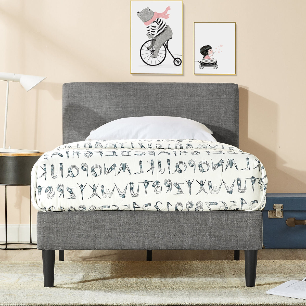 Zinus Liam Classic Single Upholstered Fabric Bed Base in Grey - Padded Headboard, 130kg - AU-FPPPDG-12S