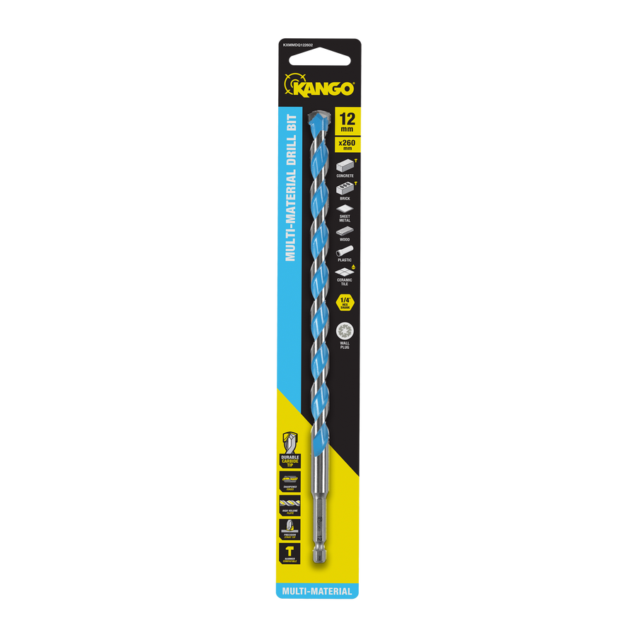 Kango 12 x 260mm Multi-Material Drill Bit - Carbide Tip, 1/4" Hex Shank