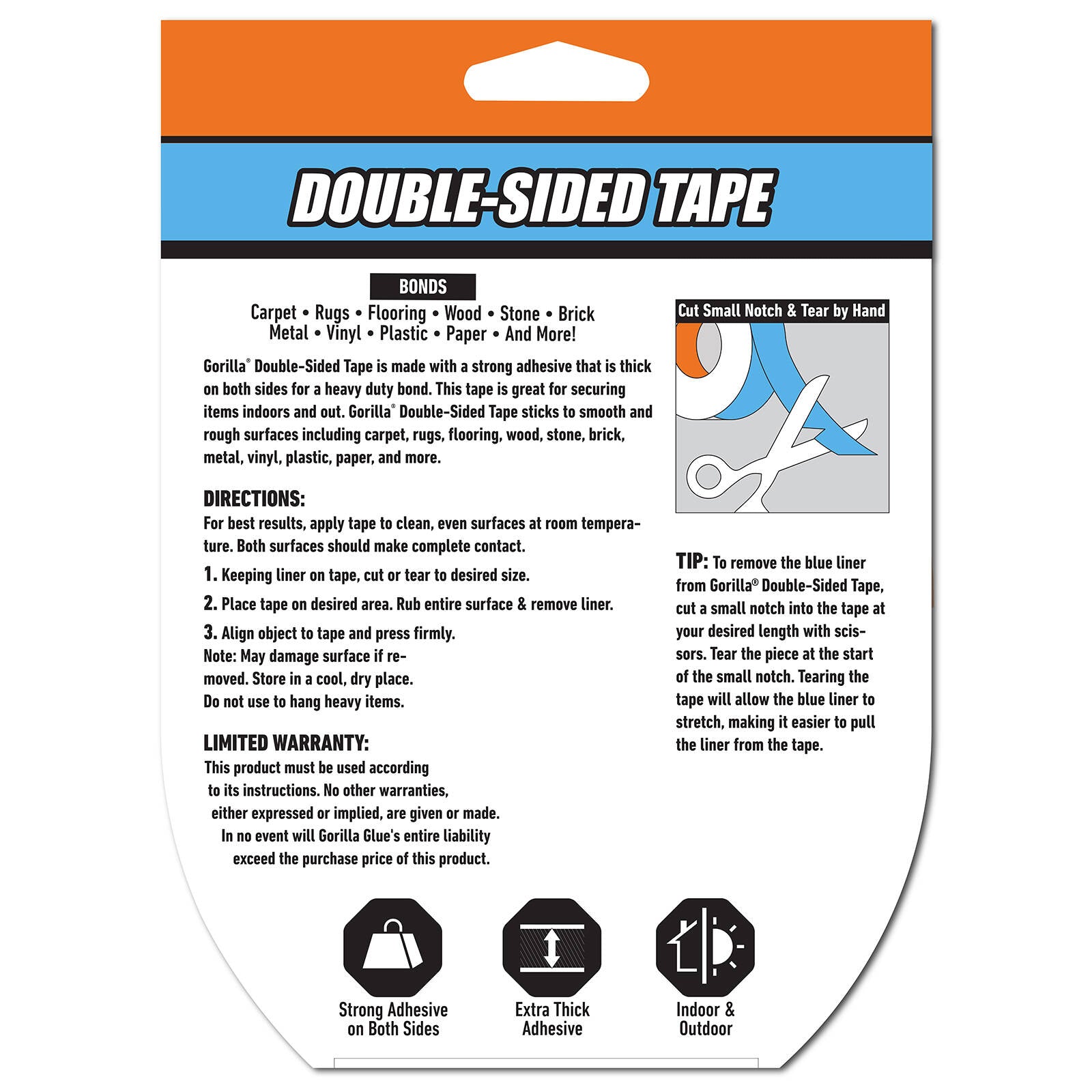 Gorilla Double Sided Mounting Tape 7.3m - Indoor & Outdoor, Moisture Resistant