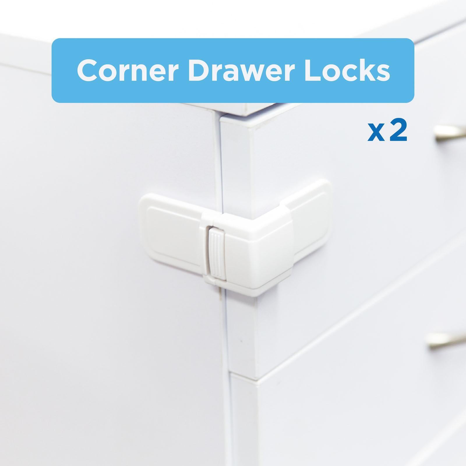Perma Child Safety Adhesive Corner Drawer Locks - 2 Pack, Self-Locking White