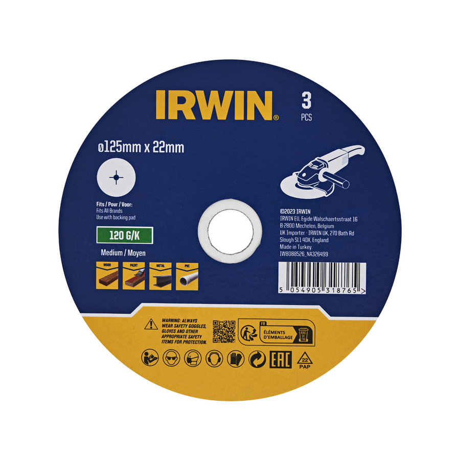Irwin 125 x 22mm 120 Grit Fibre Disc 3 Pack for Wood & Metal