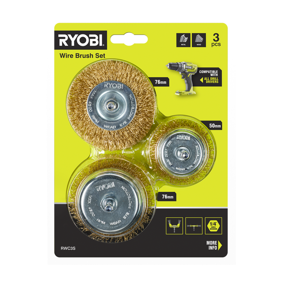 Ryobi 3 Piece Wire Brush Set - 76mm & 50mm - Rust & Paint Removal - SuperSaverAU - view 1