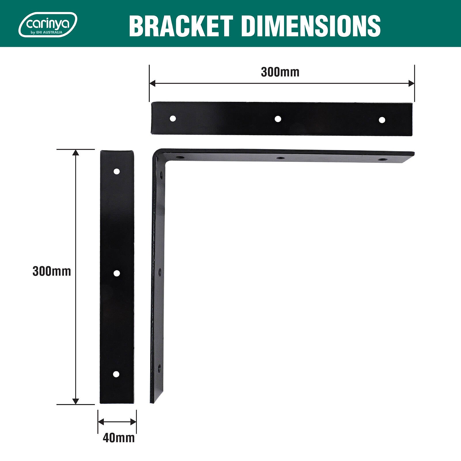 Carinya 300 x 300mm Black Powder Coated Steel Angle Bracket 40kg