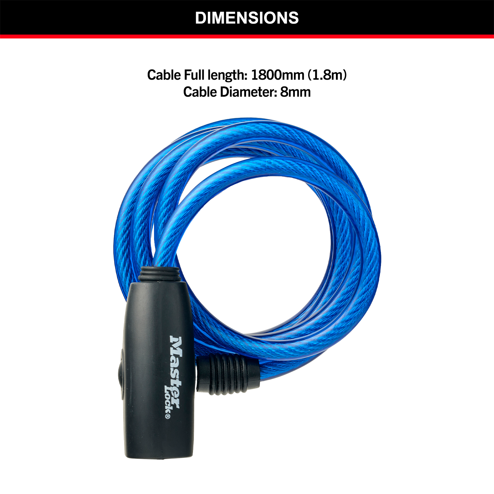 Master Lock 1.8m x 8mm Keyed Bike Lock, Braided Steel Cable, Vinyl Coated