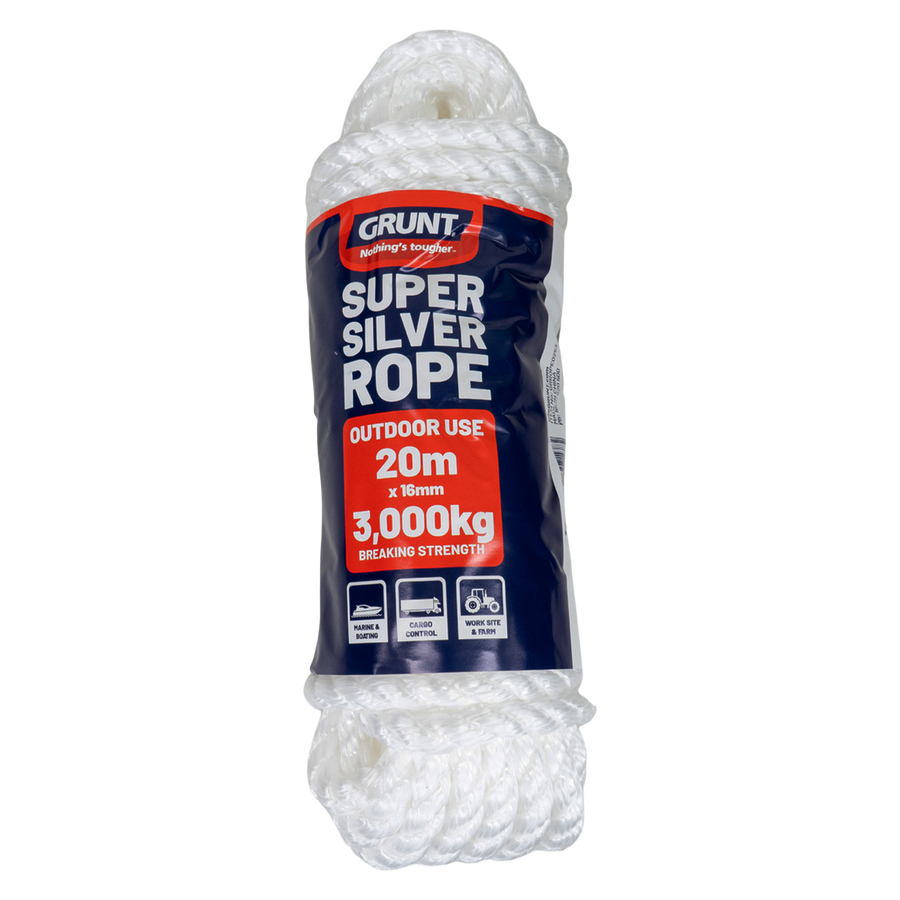 Grunt 16mm x 20m Super Silver Rope, White Polypropylene, Weather Resistant, 3000kg Break Strength