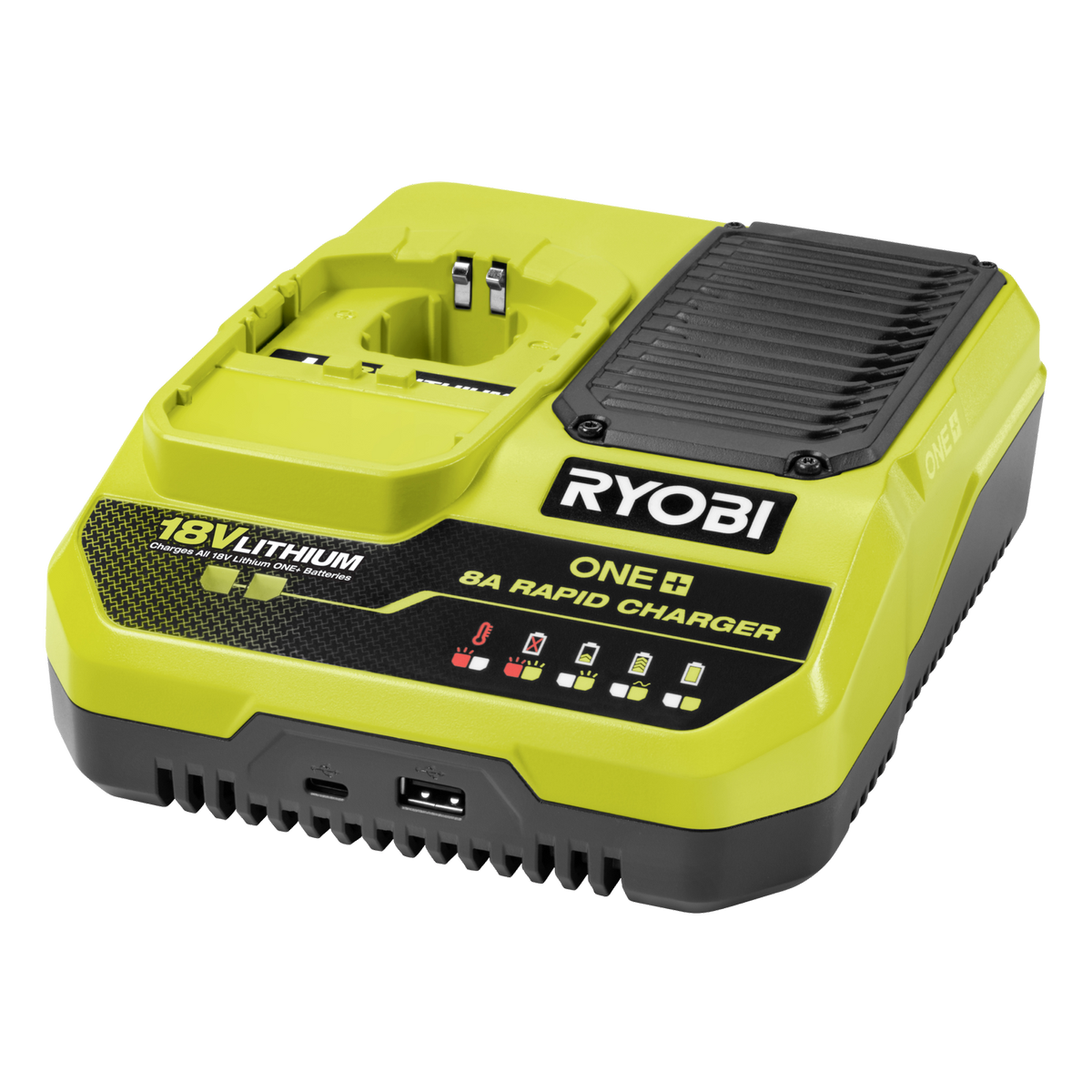 Ryobi 18V ONE+ 8A Rapid Charger RC18180 - Wall Mountable - USB Ports - 160mm x 65mm x 210mm - SuperSaverAU - view 1