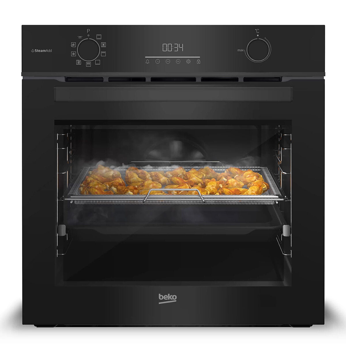 Beko 60cm Multifunction Built-In Oven - SteamAdd, Airfry, 8 Functions, Black Glass - BBO6851MDX