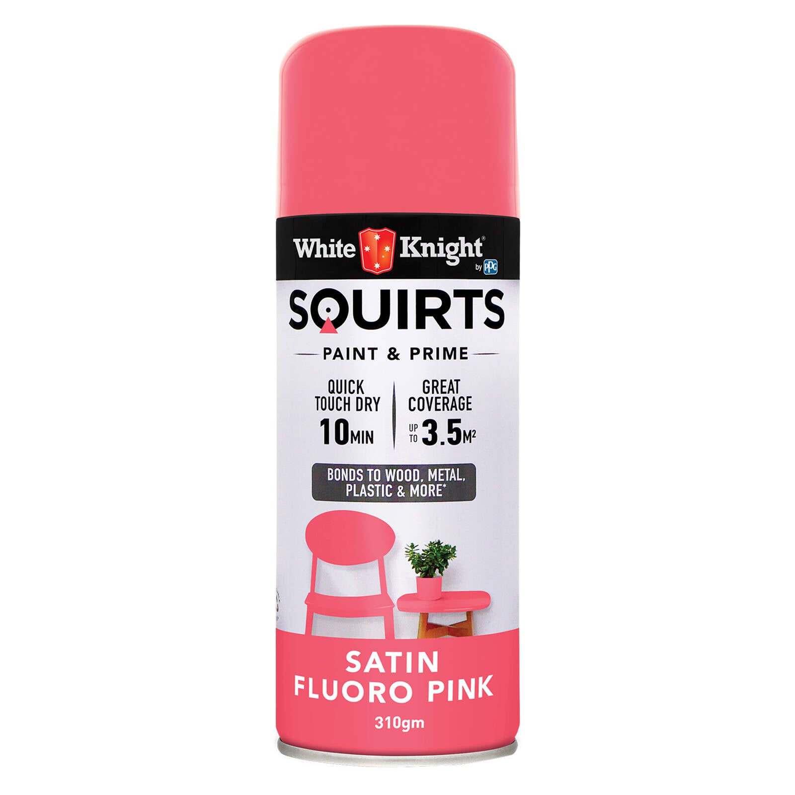 White Knight Squirts Fluoro Pink Satin Spray Paint 310g - Solvent-Based, Waterproof