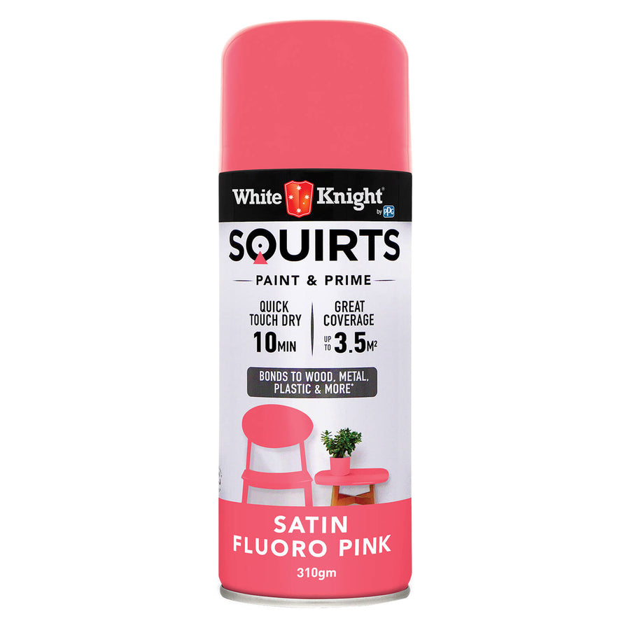 White Knight Squirts Fluoro Pink Satin Spray Paint 310g - Solvent-Based, Waterproof