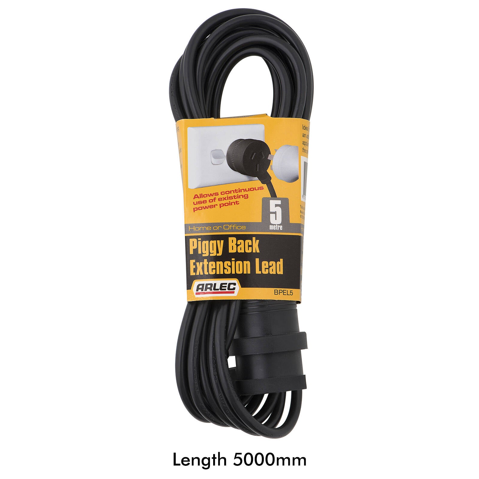 Arlec 5m Piggyback Extension Lead, 10A 2400W, Double Outlet, Indoor/Outdoor, Black