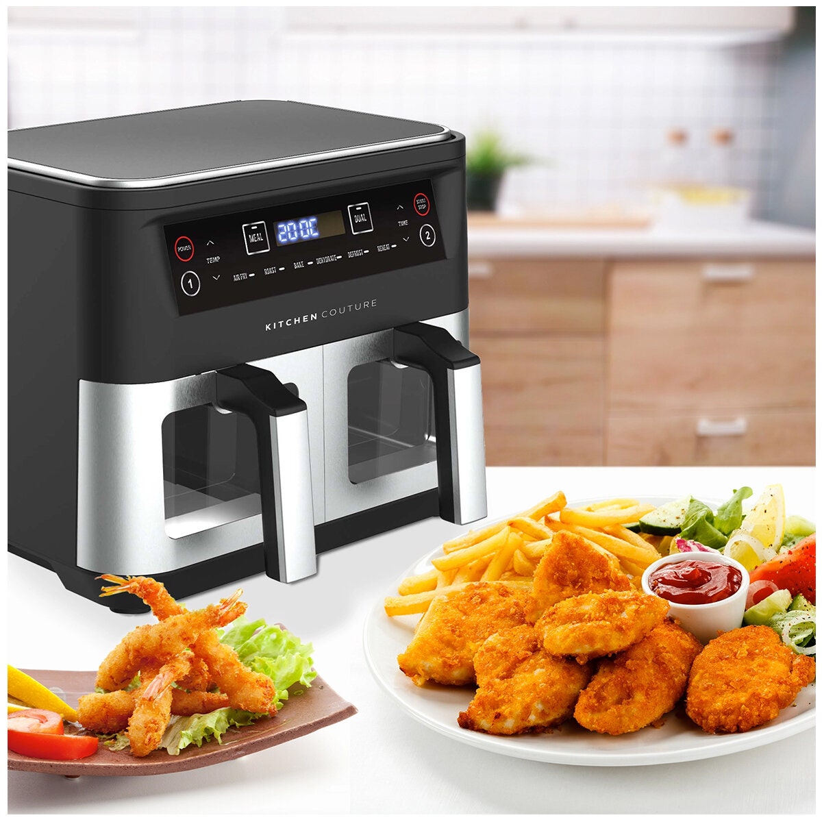Kitchen Couture Dual View Twin Basket Air Fryer 10L - Black and Silver - Viewing Windows - 10004409