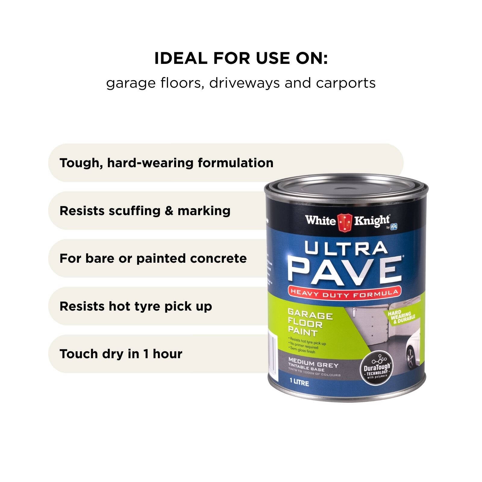White Knight Ultra Pave 1L Medium Grey Heavy Duty Garage Floor Paint - UV Resistant, 16m2/L
