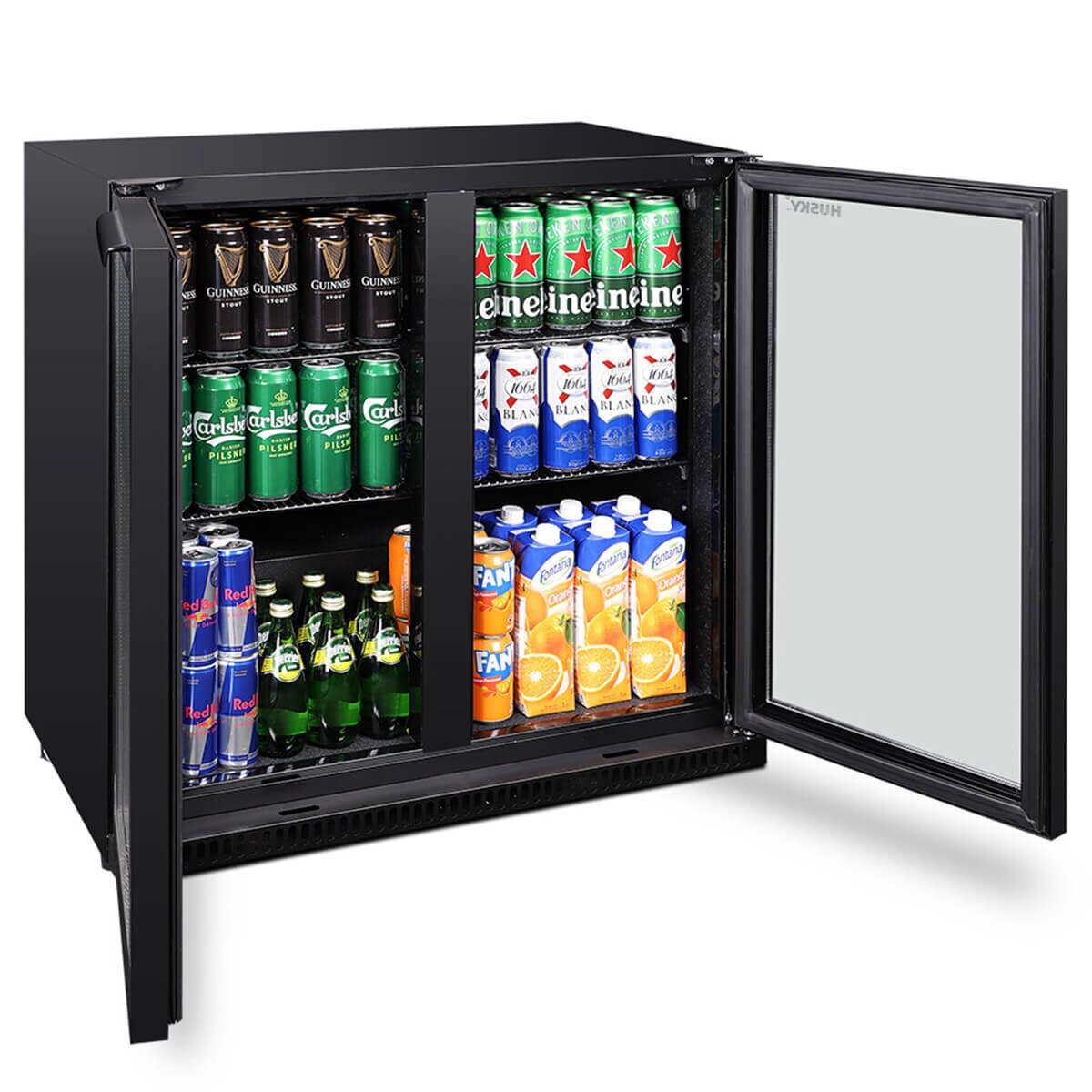 Husky 203L double door home bar fridge - black, adjustable shelves, LED lighting - C2HHMBBKAU