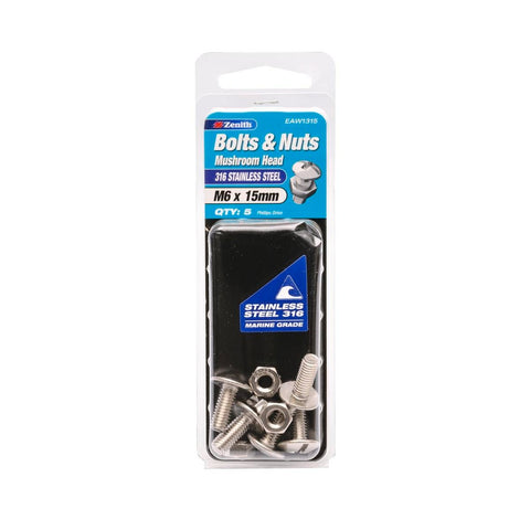 Zenith M6 x 15mm Mushroom Head Bolt and Nut 316 Stainless Steel 5 Pack - SuperSaverAU - view 1