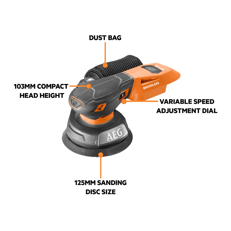 AEG 18V Brushless Sub Compact 125mm Random Orbital Sander A18SROSBL0 - Skin Only