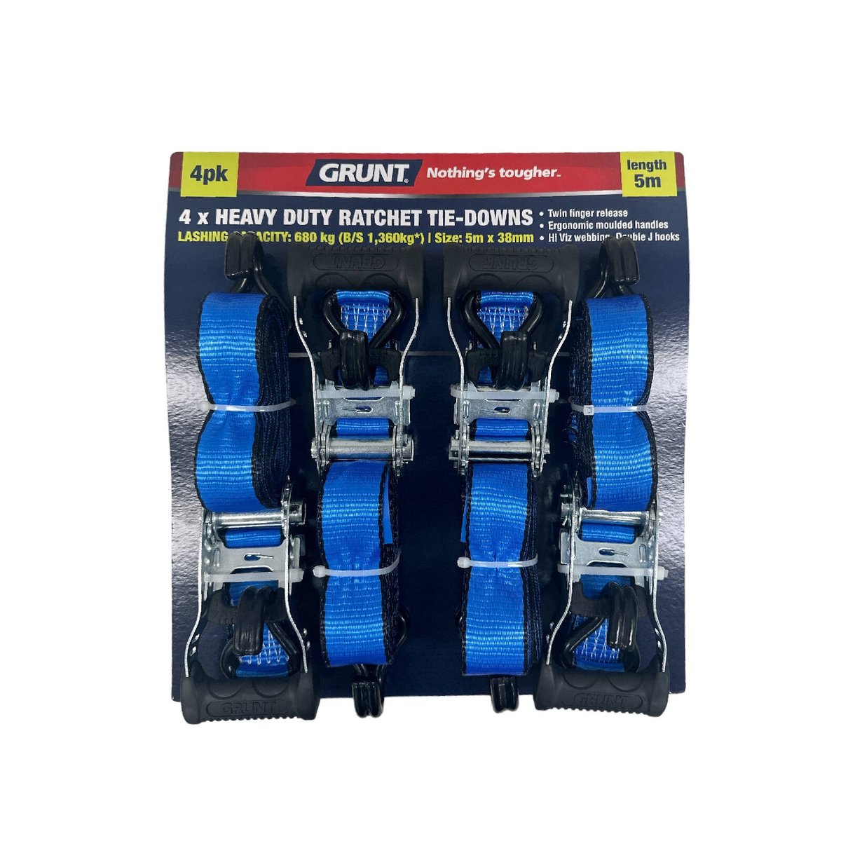 Grunt Ratchet Tie Down Set 38mm x 5m Polyester Easy Carry 4 Pack - SuperSaverAU - view 1