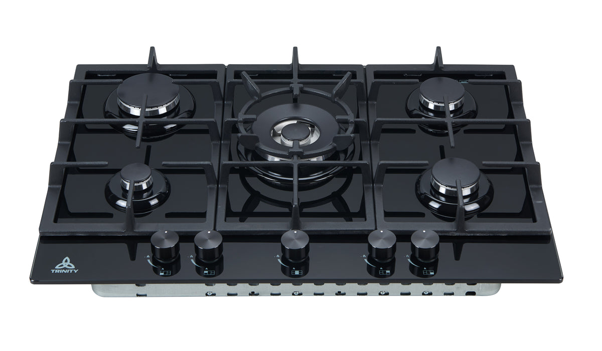 Trinity 70cm 5 Burner Gas Cooktop - Black Tempered Glass - Wok Burner - Cast Iron Trivets - TRG700BK