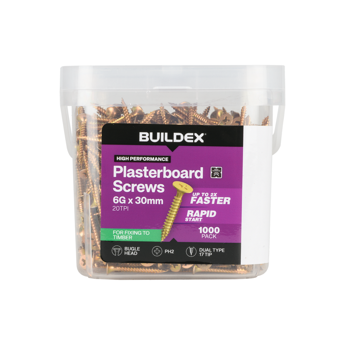 Buildex Plasterboard Screws - 6g x 30mm - Gold Passivated - 1000 Pack - Corrosion Resistant - SuperSaverAU - view 1