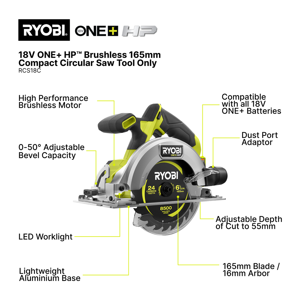 Ryobi 18V One+ HP Brushless Circular Saw RCS18C - 165mm - Lightweight - Clean Cuts