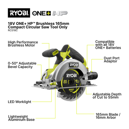 Ryobi 18V One+ HP Brushless Circular Saw RCS18C - 165mm - Lightweight - Clean Cuts