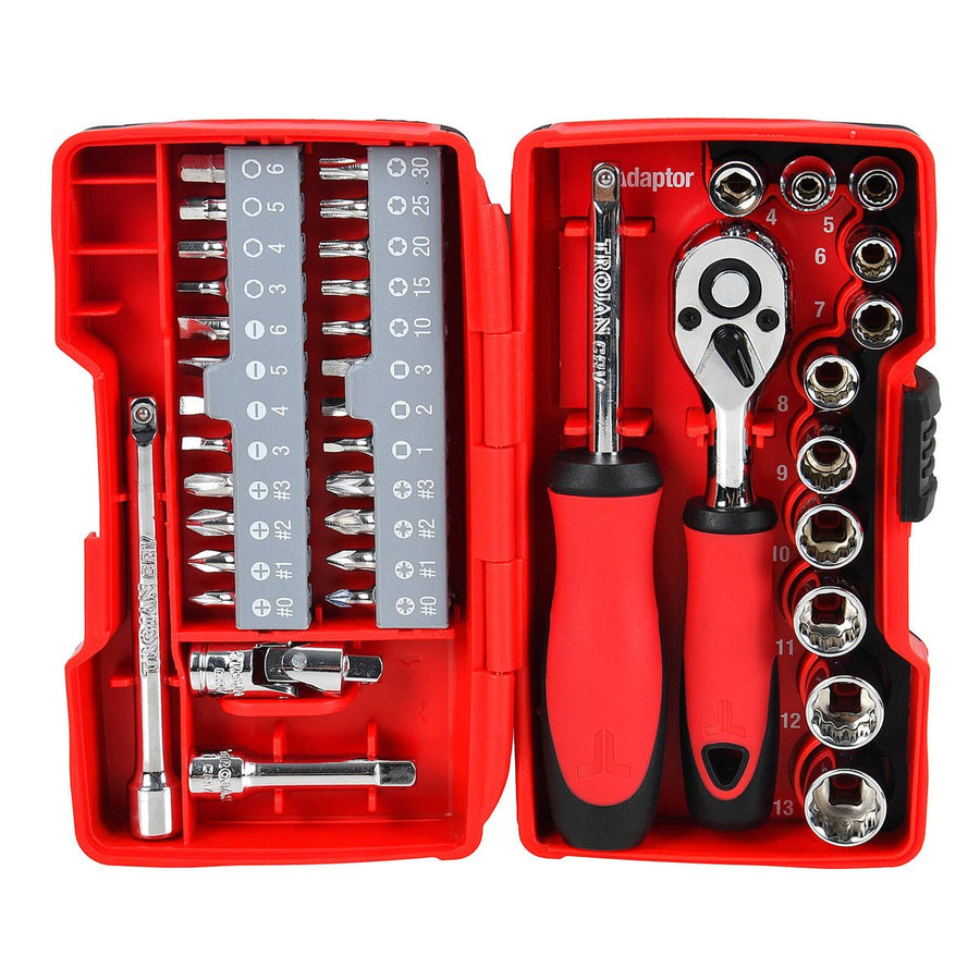 Trojan 40 Piece Socket and Driver Set - 1/4" Drive - Chrome Vanadium - 72 Tooth Ratchet - SuperSaverAU - view 1