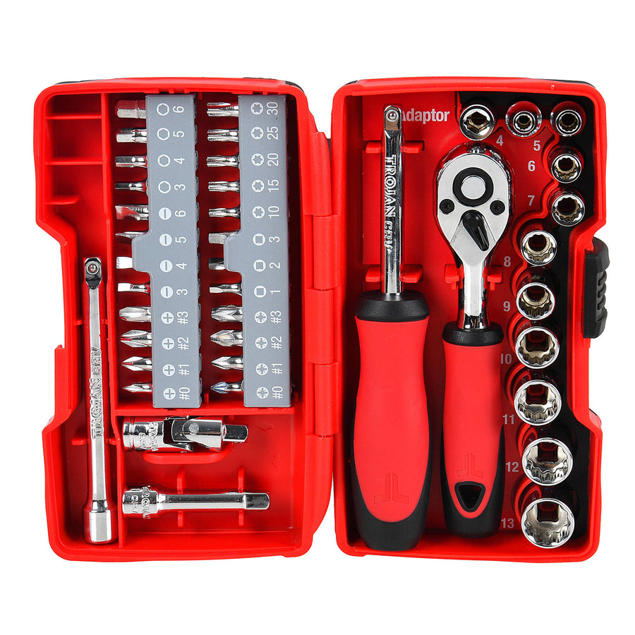Trojan 40 Piece Socket and Driver Set, Chrome Vanadium, 1/4" Drive