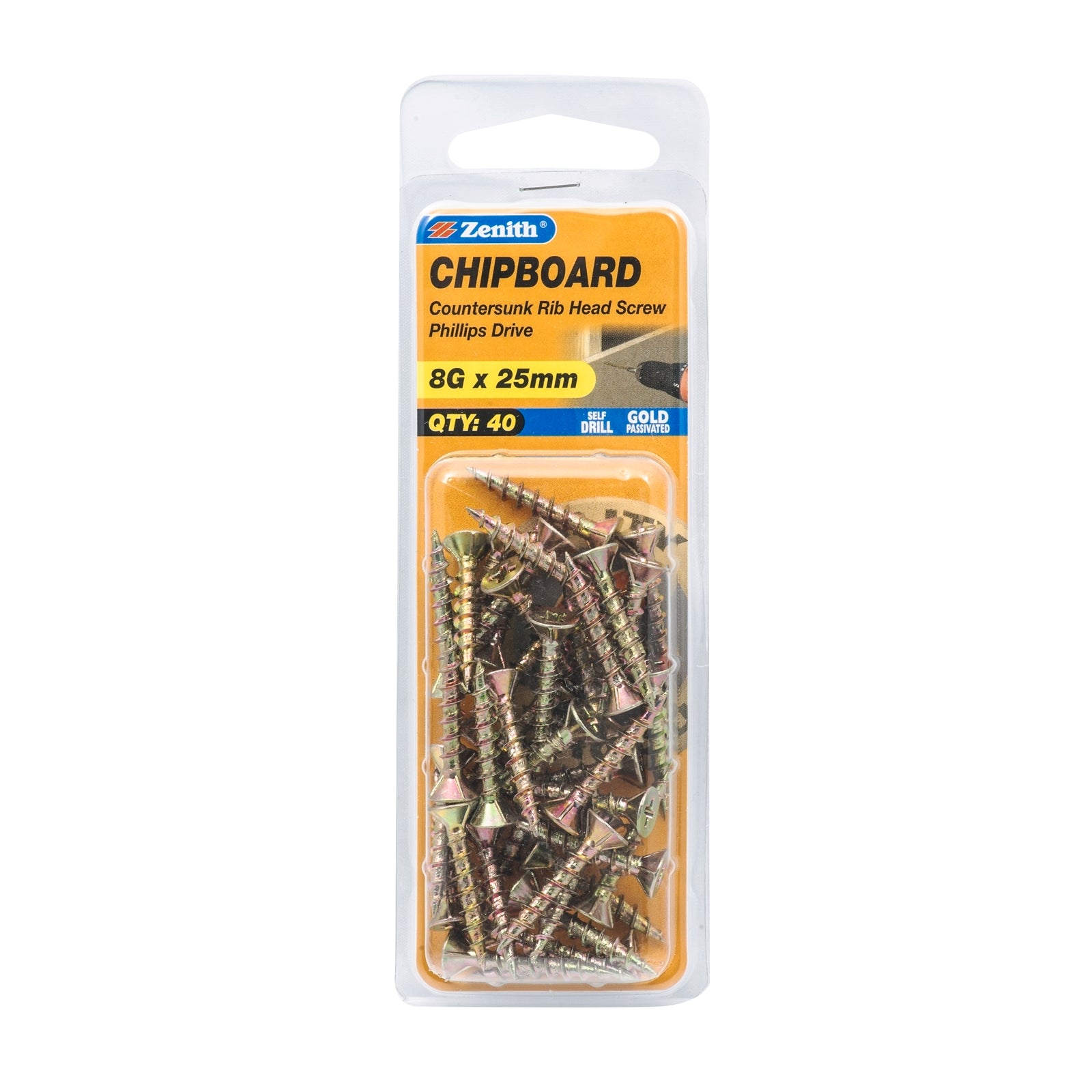 Zenith 8G x 25mm Gold Passivated Countersunk Rib Head Chipboard Screws - 40 Pack