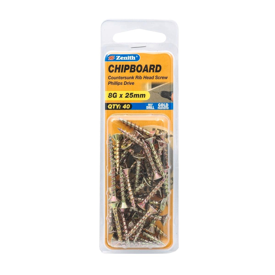 Zenith 8g x 25mm Countersunk Chipboard Screws - Gold - 40 Pack - Self-Drilling - SuperSaverAU - view 1