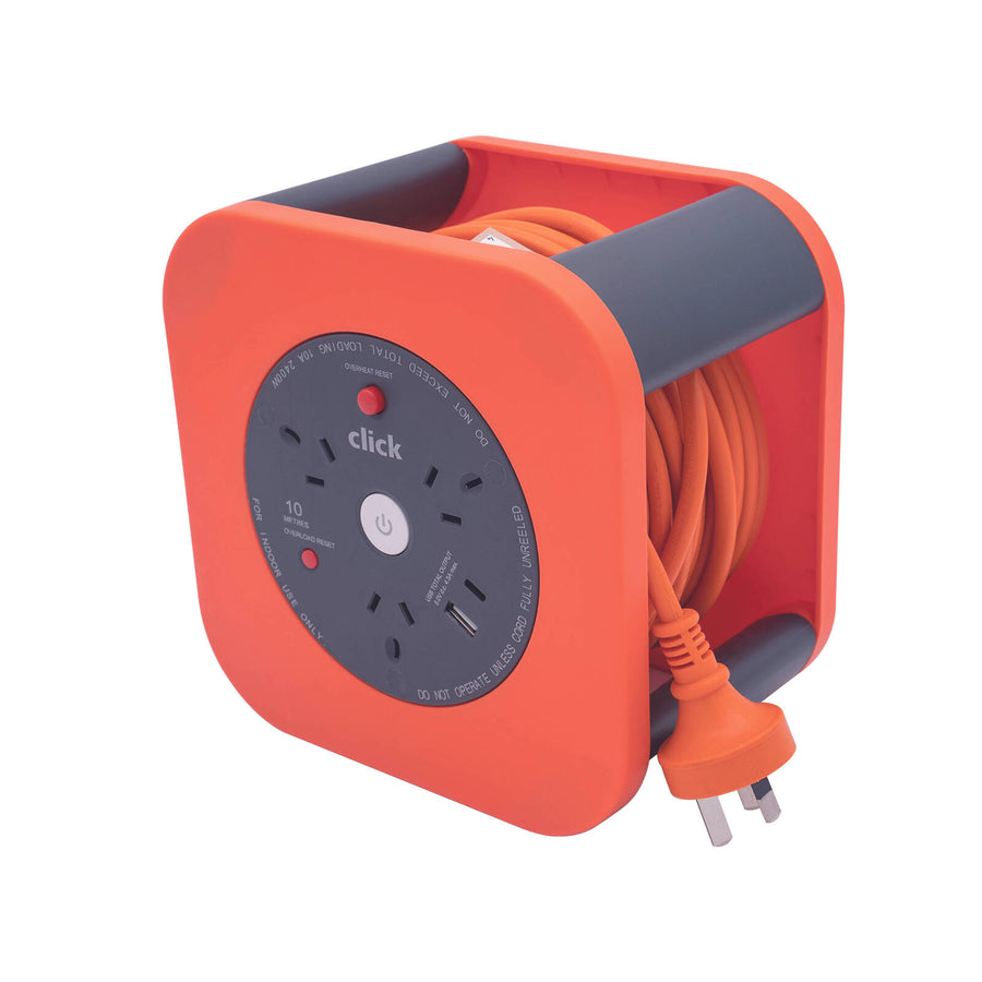 Click 10m 3 Outlet Square Cable Reel with USB Charger, Overload Protection Indoor
