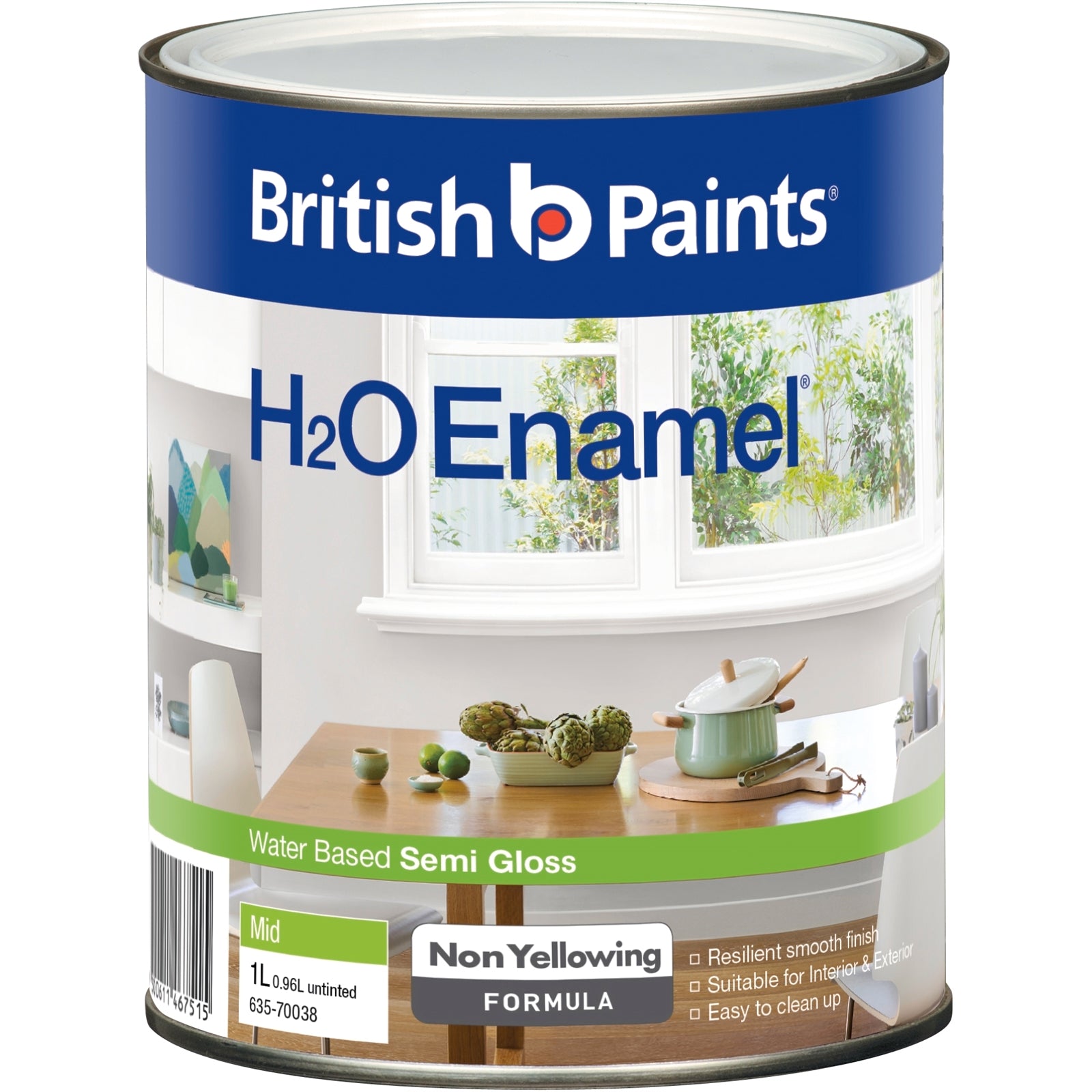 British Paints Mid Semi Gloss H2O Enamel Paint 1L - Water Based, UV Resistant, Tintable