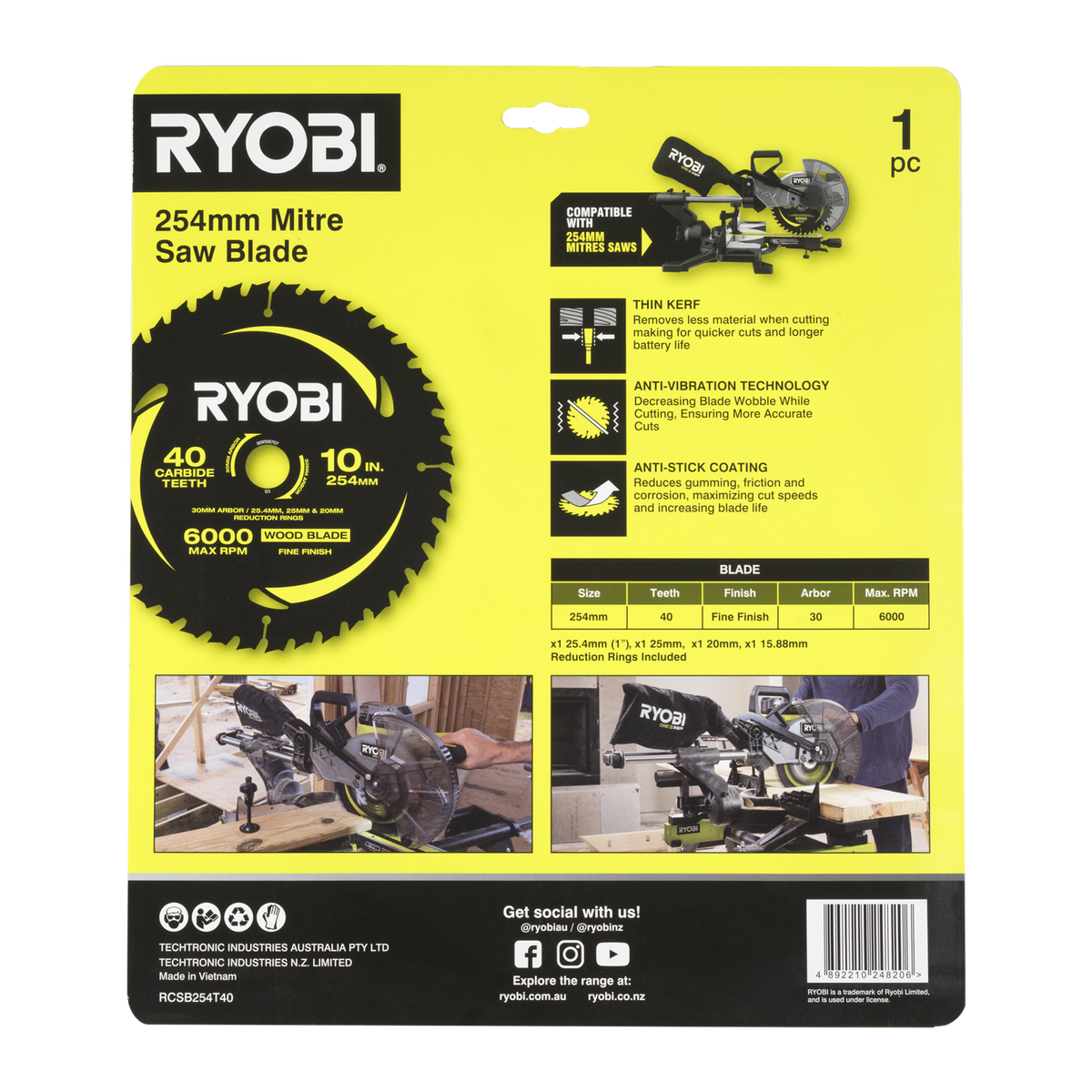 Ryobi 254mm 40T Mitre Saw Blade - Precision Cutting - Anti-Stick Coating - SuperSaverAU - view 4
