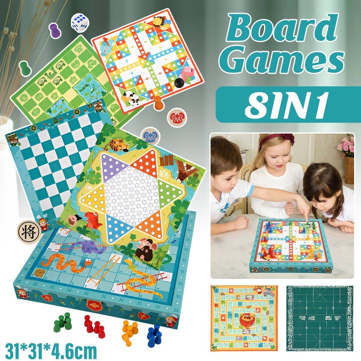 8-In-1 Board Game Set with Chess, Backgammon, Checkers and Snakes and Ladders