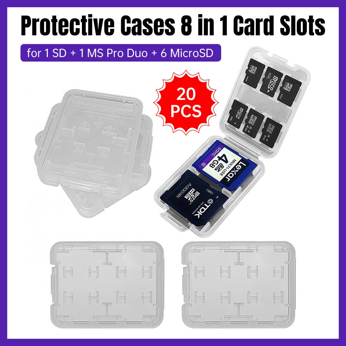 8-In-1 Memory Card Protective Cases with Multiple Card Slots Pack of 20