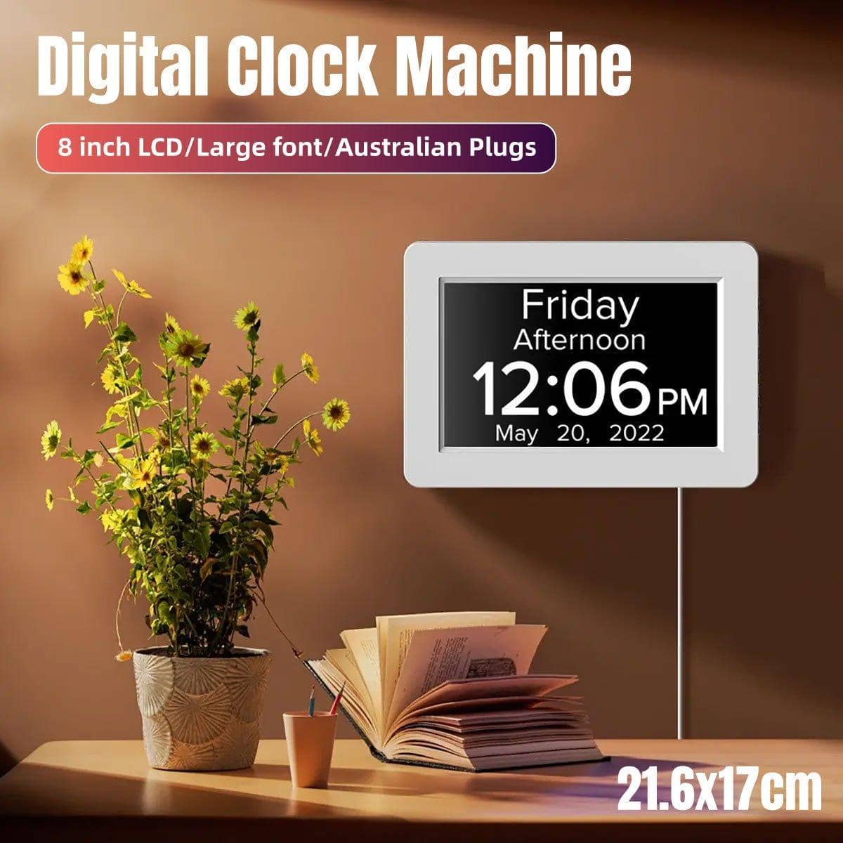 8 Inch (20 cm) Digital Calendar Day Clock with Large Bold Day and Date Display - White, LED