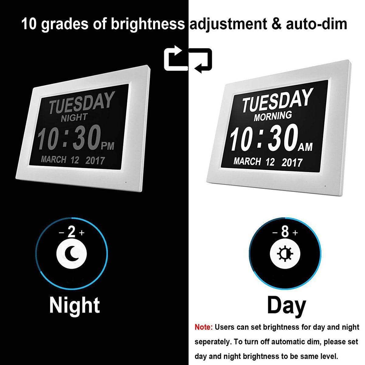 8 Inch (20 cm) Digital Calendar Day Clock with Large Bold Day and Date Display - White, LED - view 5