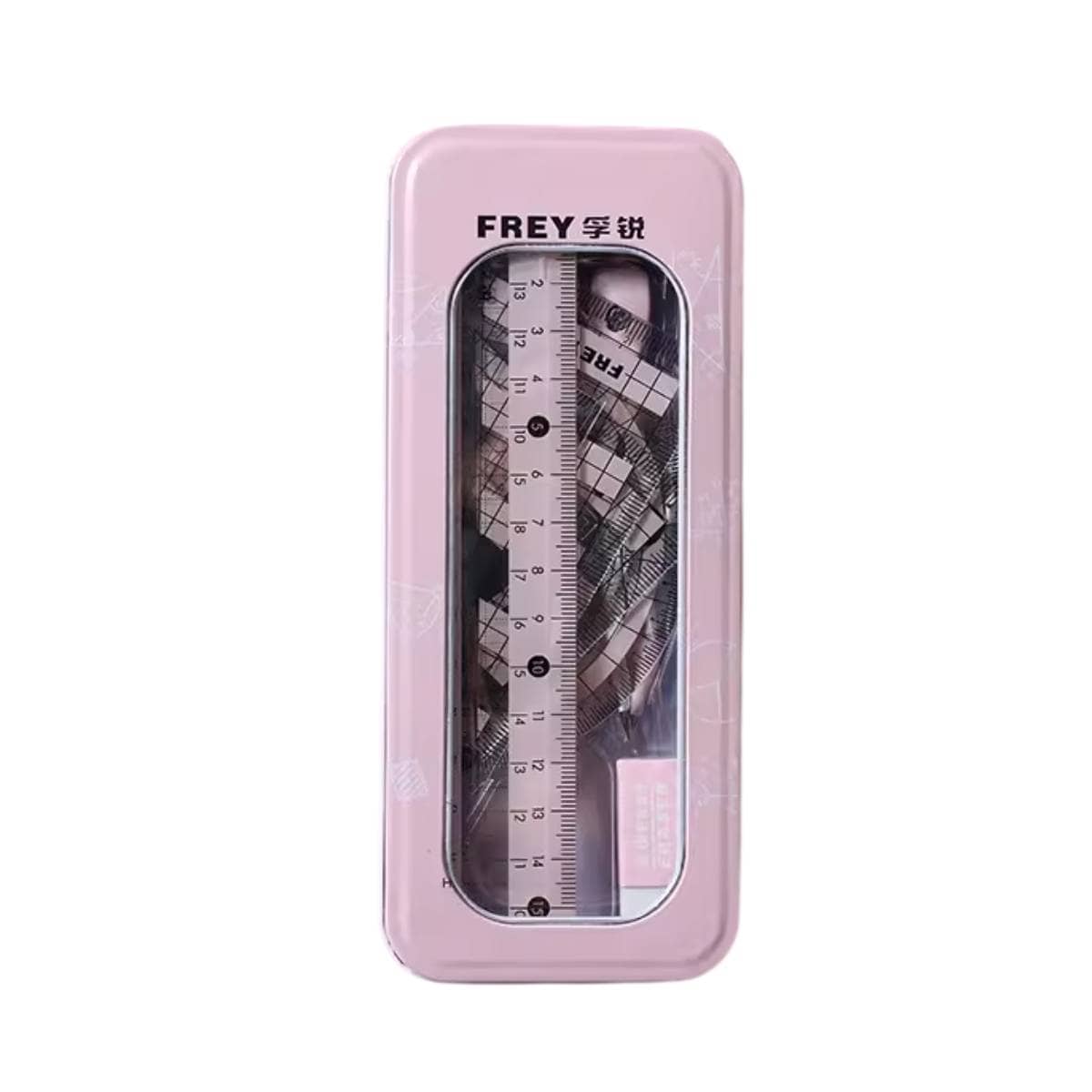 8 Piece Geometry Set with Compass and Ruler in Metal Tin - Pink