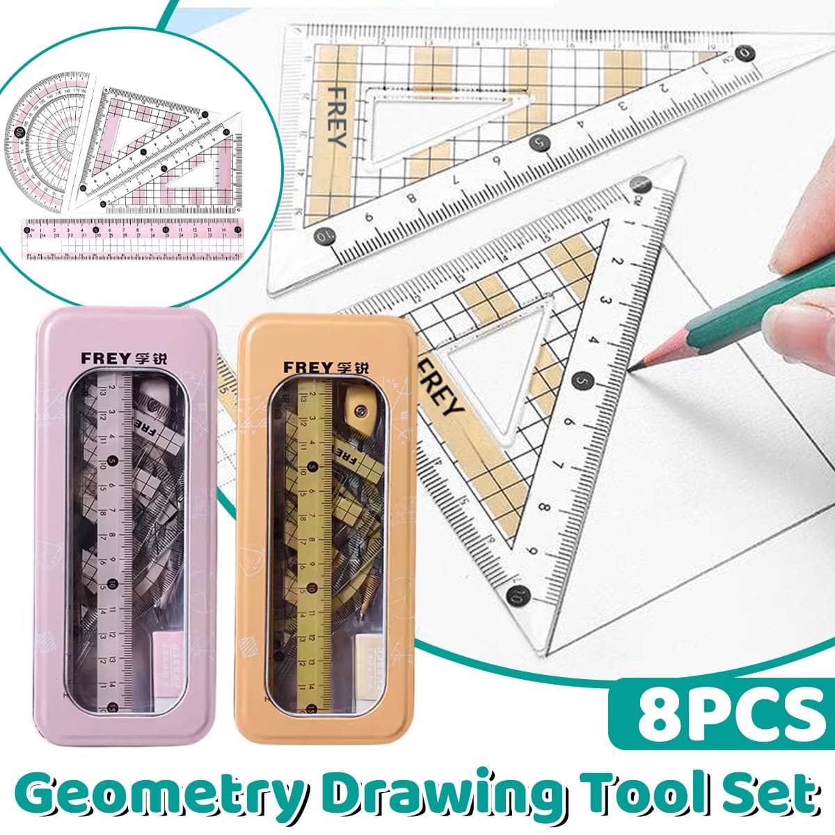 8 Piece Geometry Set with Compass and Ruler in Metal Tin - Pink - view 2