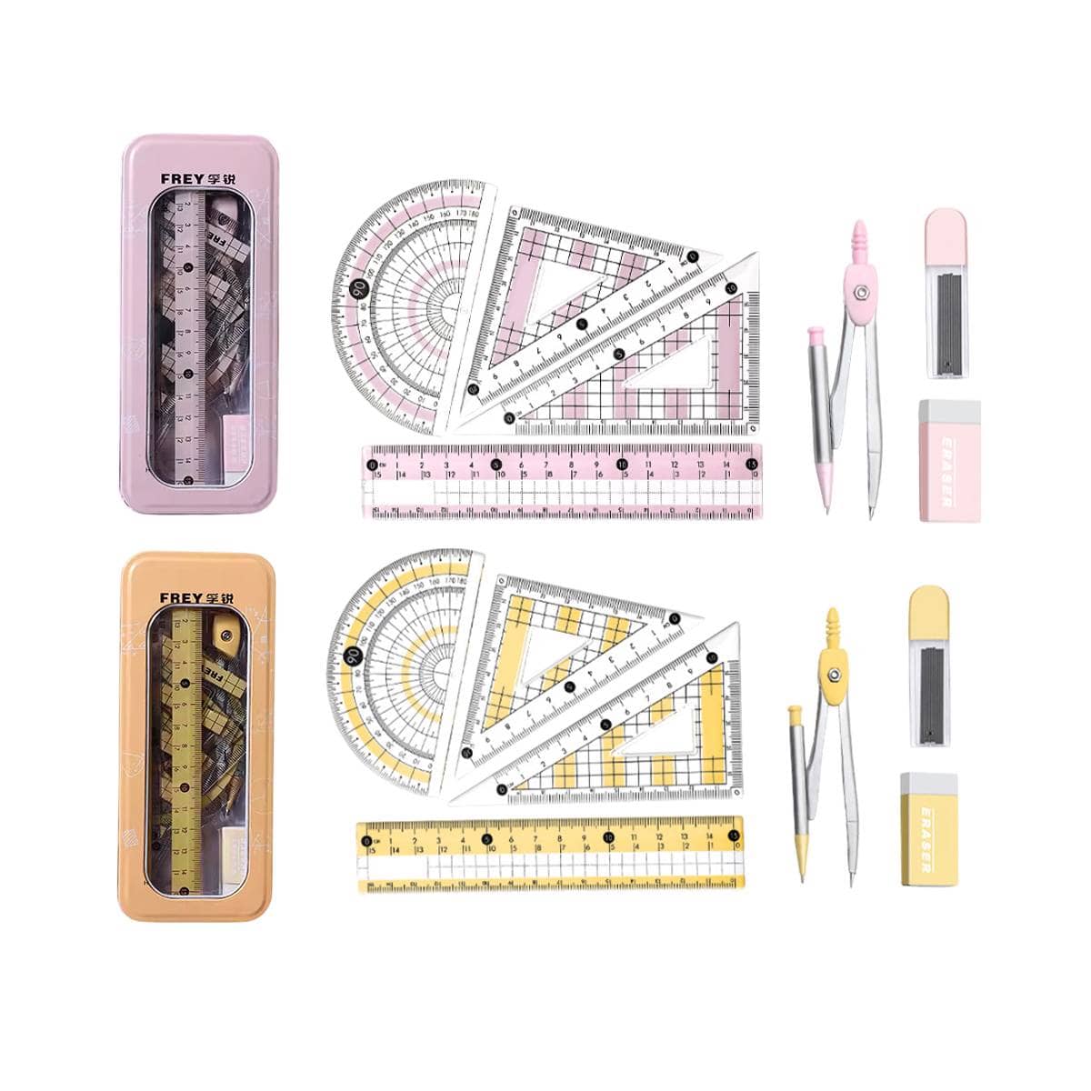 8 Piece Geometry Set with Compass and Ruler in Metal Tin - Pink - view 3