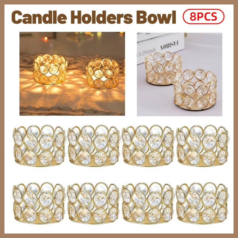 8 Piece Gold Candle Holders with Crystal Accents, 6 cm