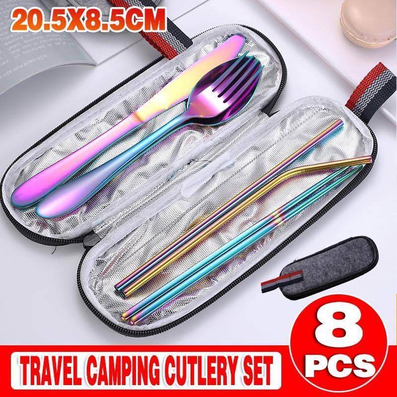 8 Piece Portable Stainless Steel Travel Cutlery Set with Case for Camping and Picnics