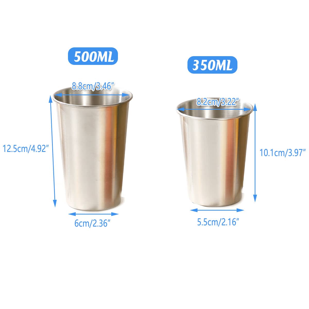 8 Piece Stainless Steel Cup Set, 4 x 350 ml and 4 x 500 ml Reusable Drinking Mugs - view 3