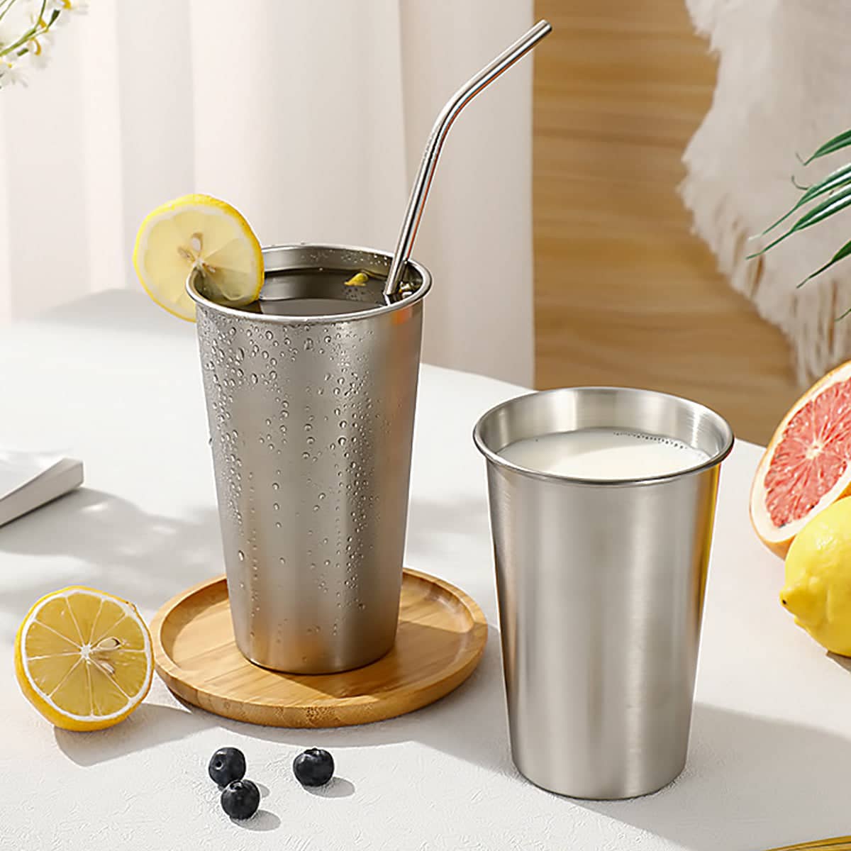 8 Piece Stainless Steel Cup Set, 4 x 350 ml and 4 x 500 ml Reusable Drinking Mugs - view 4