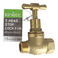 Kinetic 15mm Brass Male & Female T-Head Stop Cock, Lead Free Brass, Hot & Cold