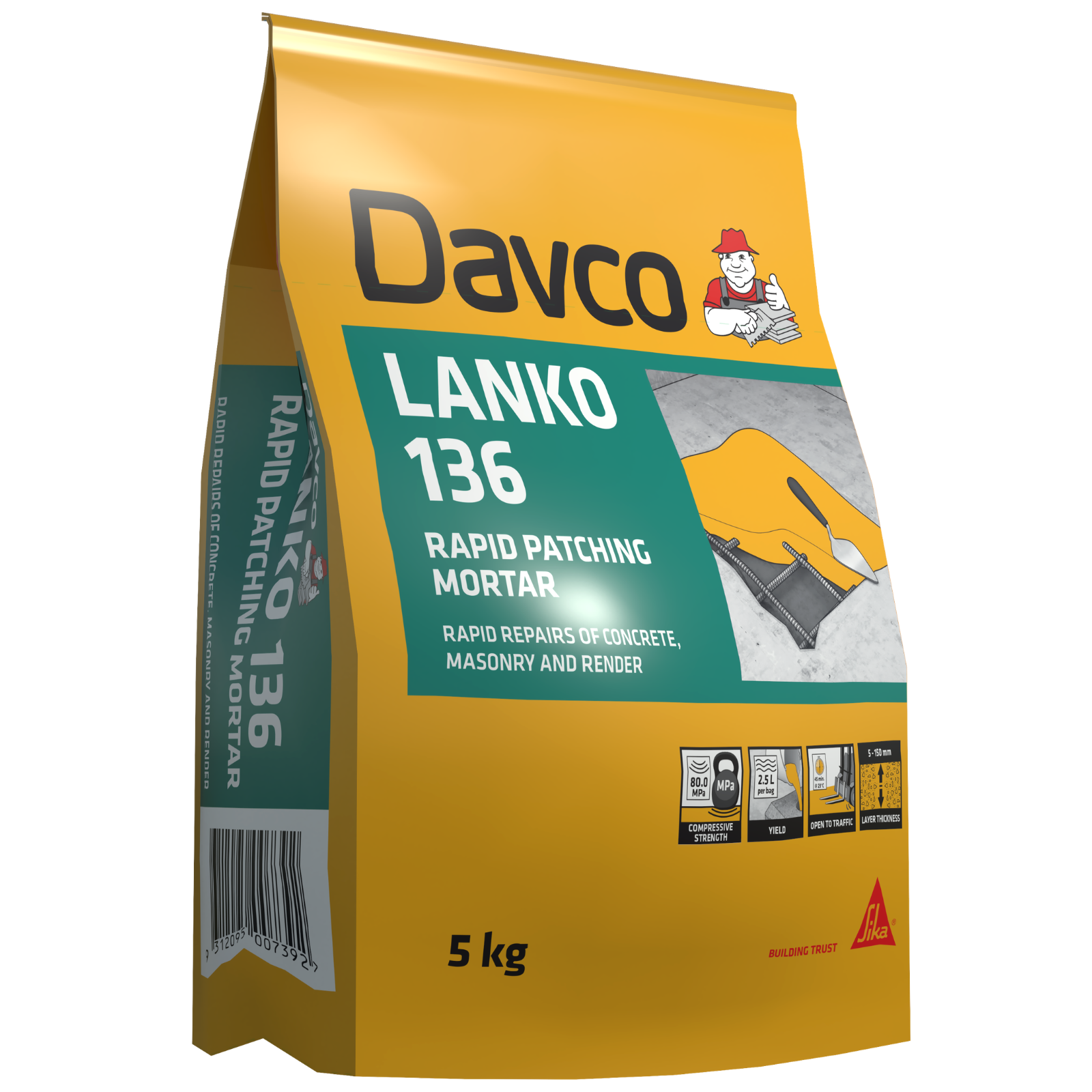 Davco Lanko 136 Rapid Patching Mortar 5kg, Cement Based, Grey