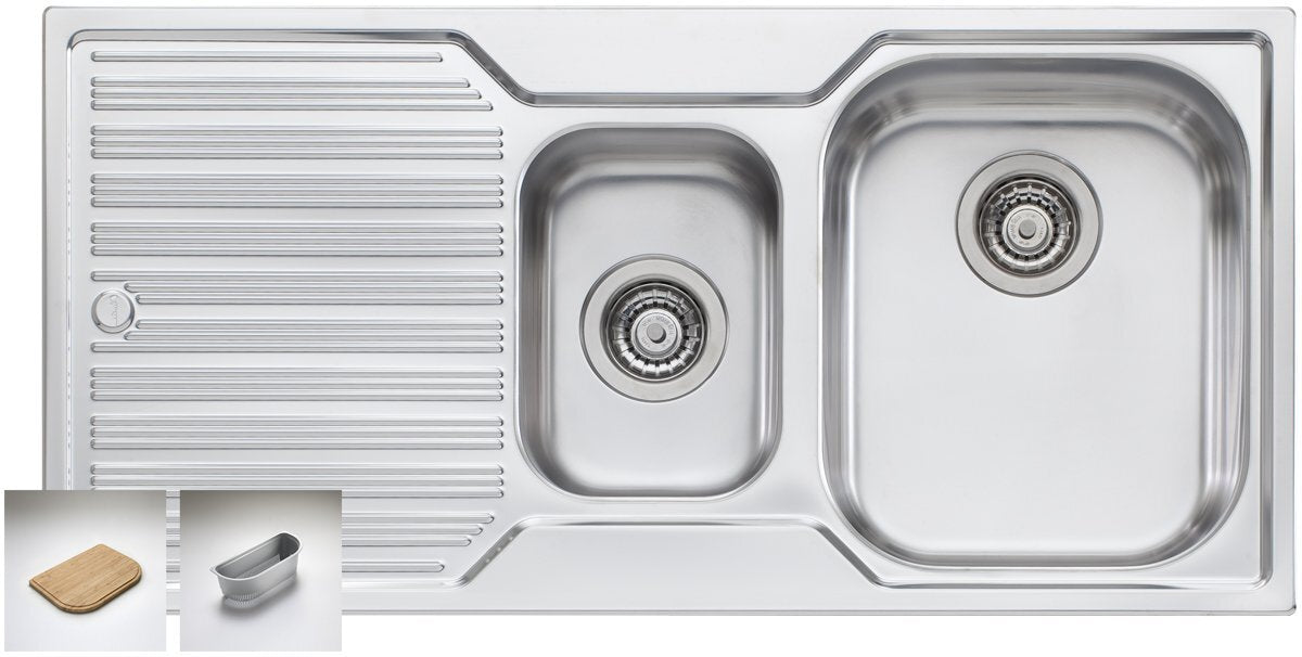 Oliveri Diaz 1 and 1/2 Bowl Left Hand Drainer Sink - 980mm Polished Stainless Steel, Australian Made - DZ102