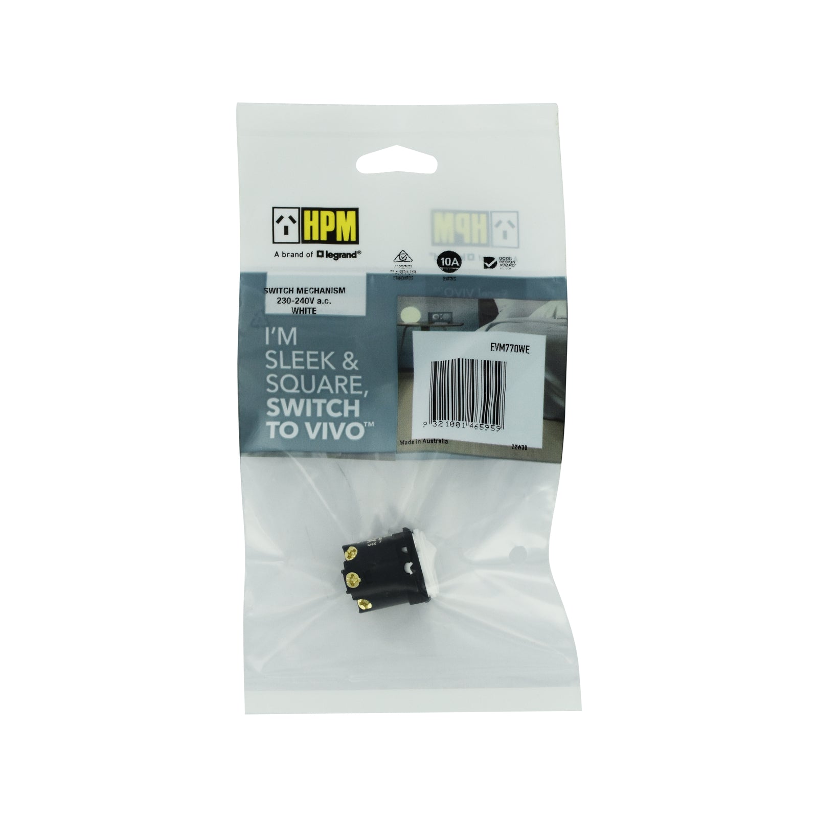 HPM VIVO 10A Rocker Switch Mechanism Single Pole 240V White EVM770WE