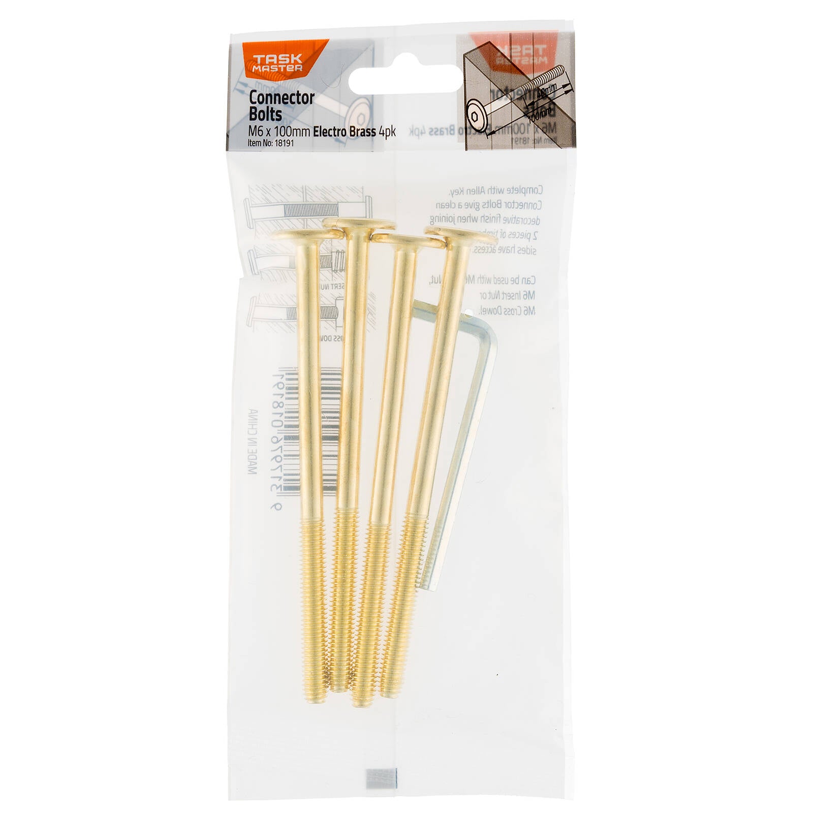 Taskmaster M6 x 100mm Electro Brass Connector Bolts - 4 Pack
