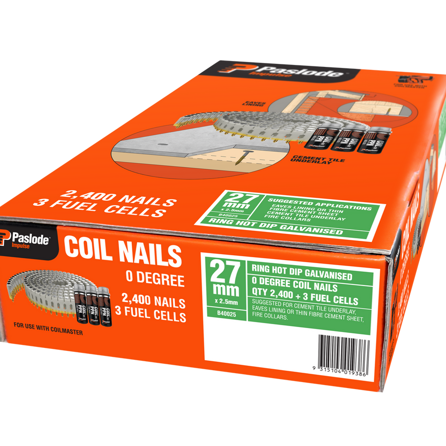 Paslode 27mm Impulse Coil Nails - Hot Dipped Galvanised - 2400 Box - 2.5mm - SuperSaverAU - view 1