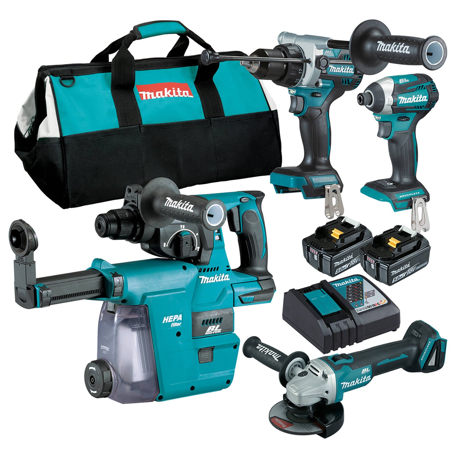 Makita Brushless 4 Piece 18V Combo Kit with 2 x 5.0Ah Batteries DLX4148TX1